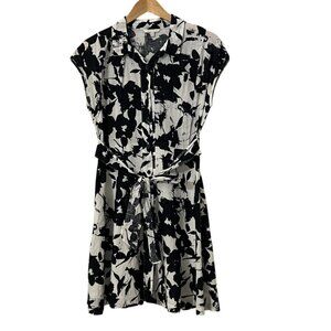Plastic Island Women S Black White Floral Shirt Dress Button Front Belted A-Line